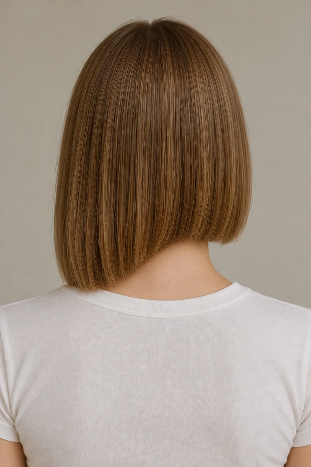 Back view of a brown asymmetrical bob with the wearer’s left side longer and right side shorter