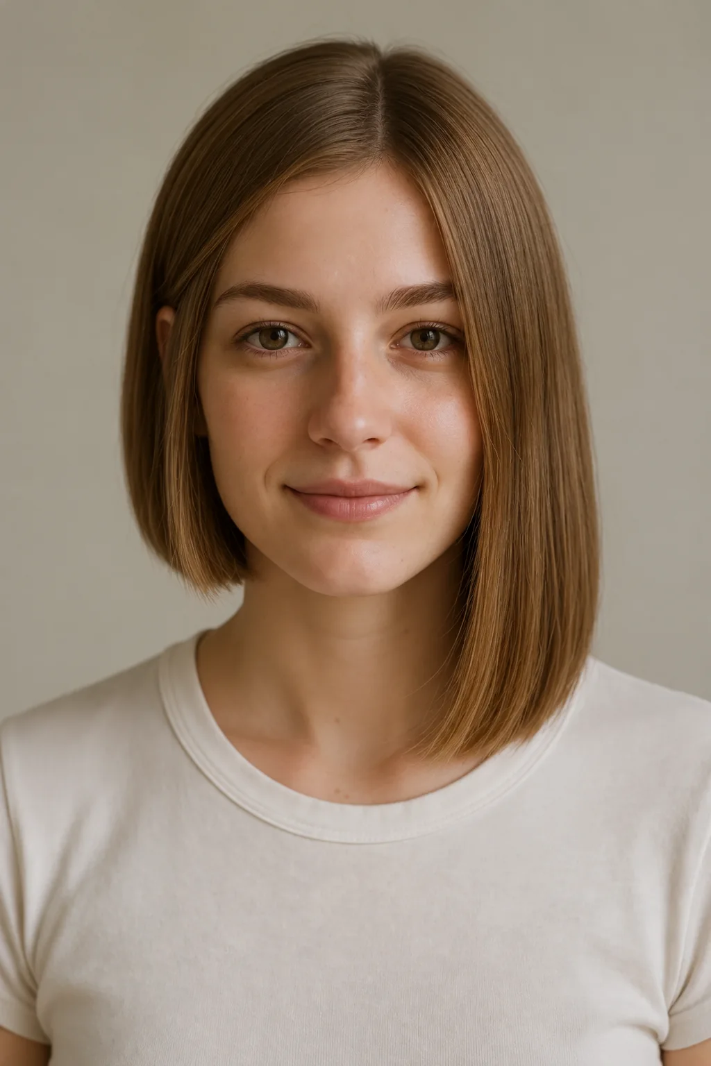 Front view of a brown asymmetrical bob with a jaw-length right side on the left of the image and a longer left side near the shoulder