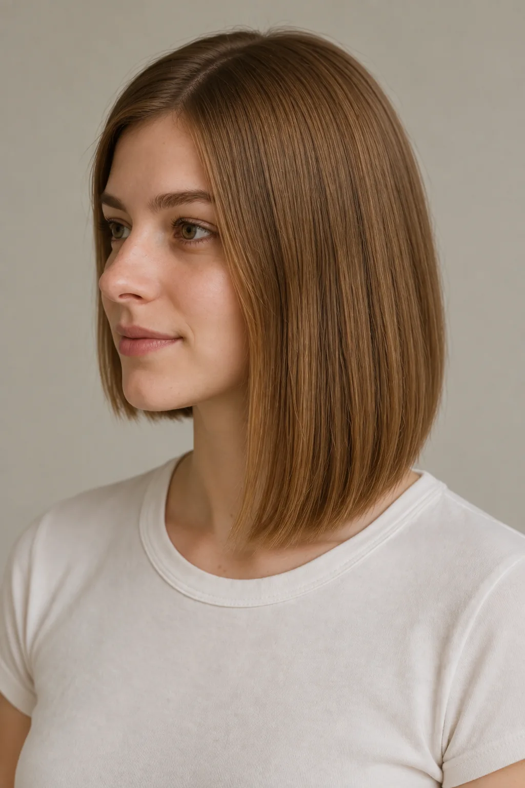 Three-quarter left-side view of a smooth brown asymmetrical bob showing the longer side approaching the shoulder