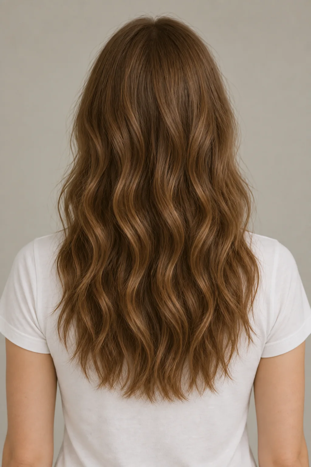 Back view of long brown beach waves with irregular broad S bends, natural separation and straighter ends