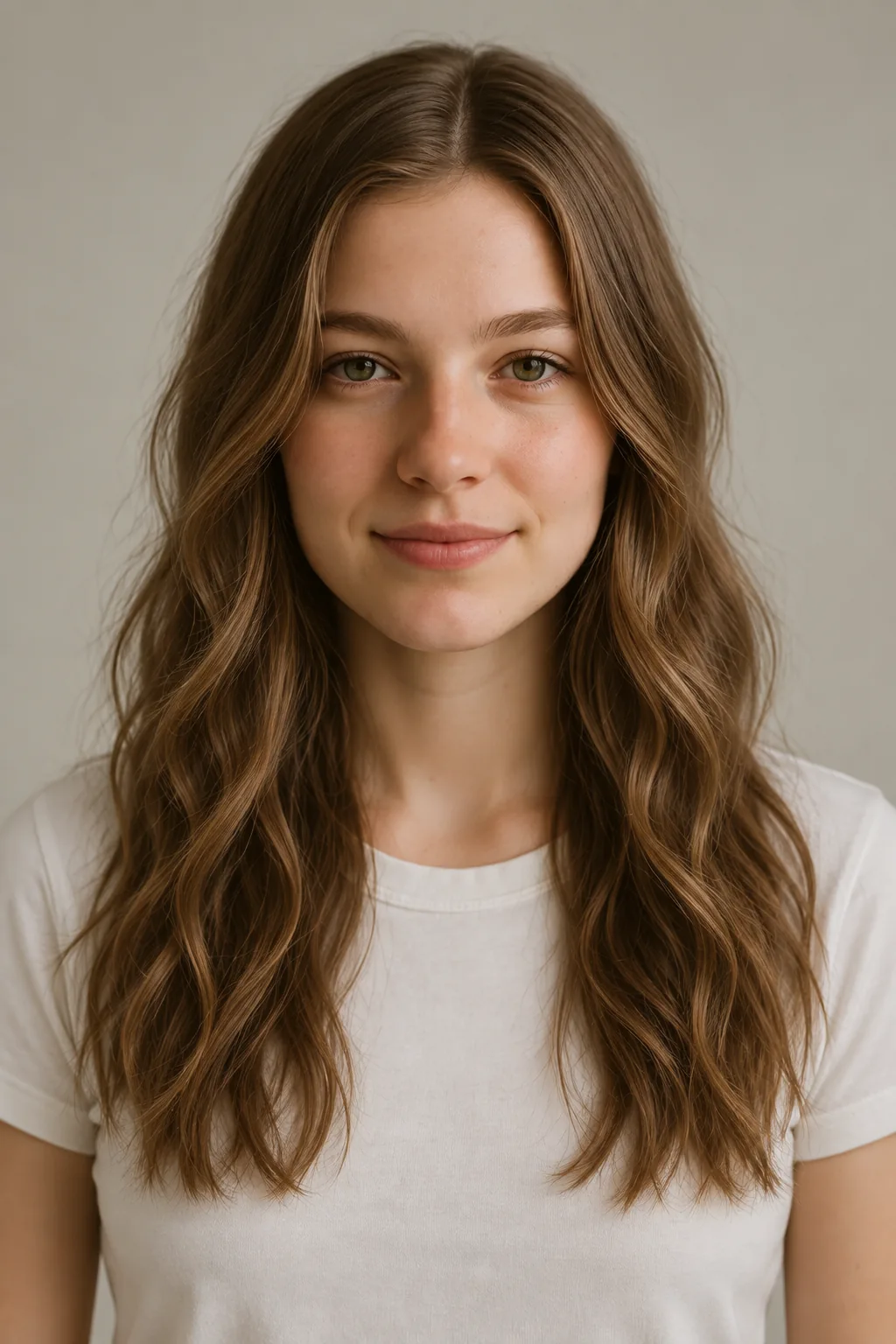 Front view of chest-length brown beach waves with a center part, relaxed broad bends and straighter tips