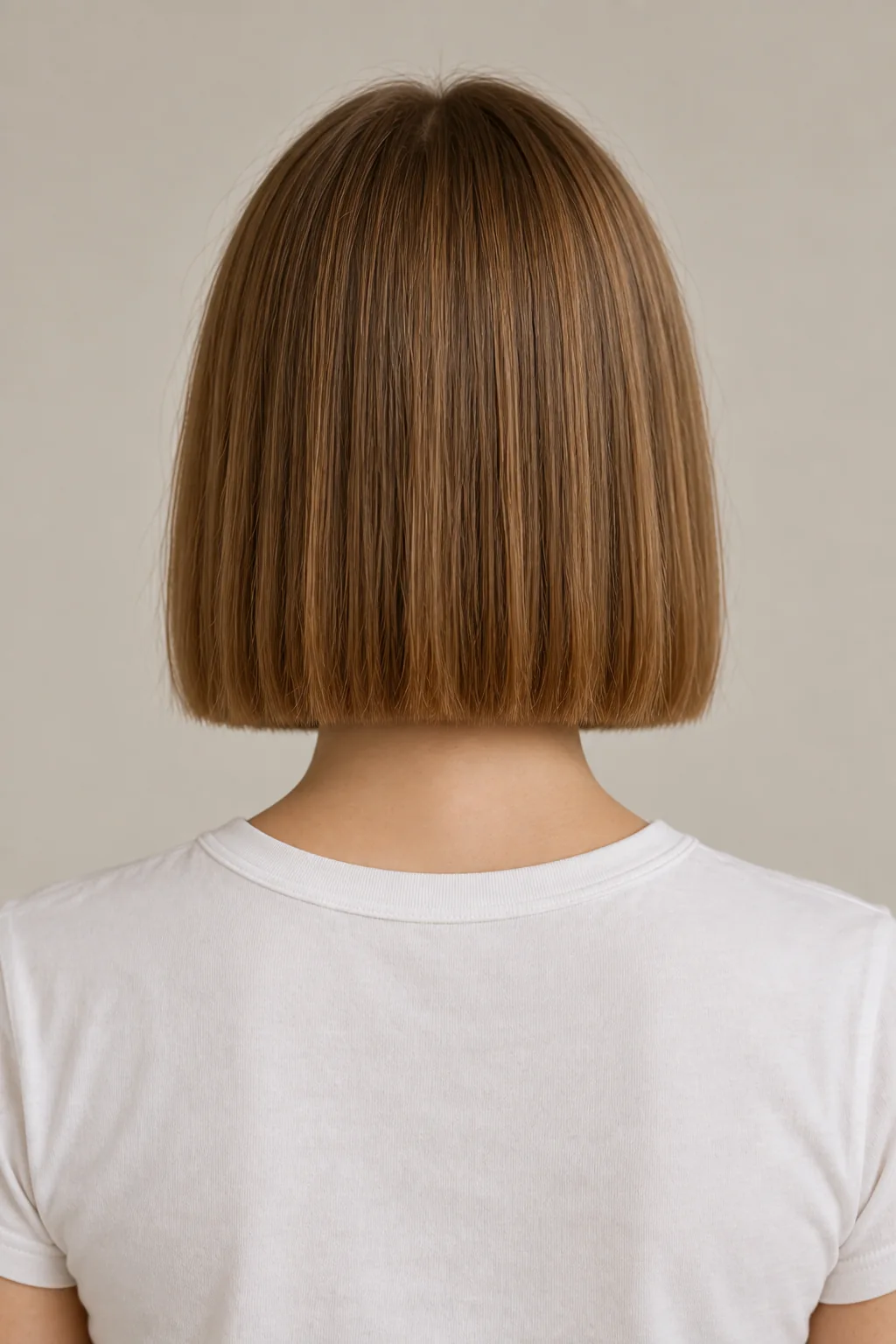 Back view of a brown box bob with a full level blunt nape line and no stacked layers