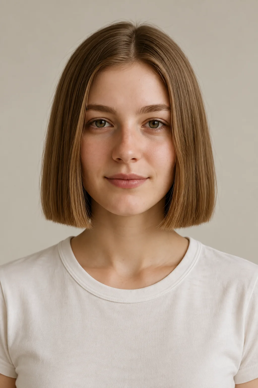Front view of a brown center-parted box bob just below the chin with equal sides and a full blunt edge