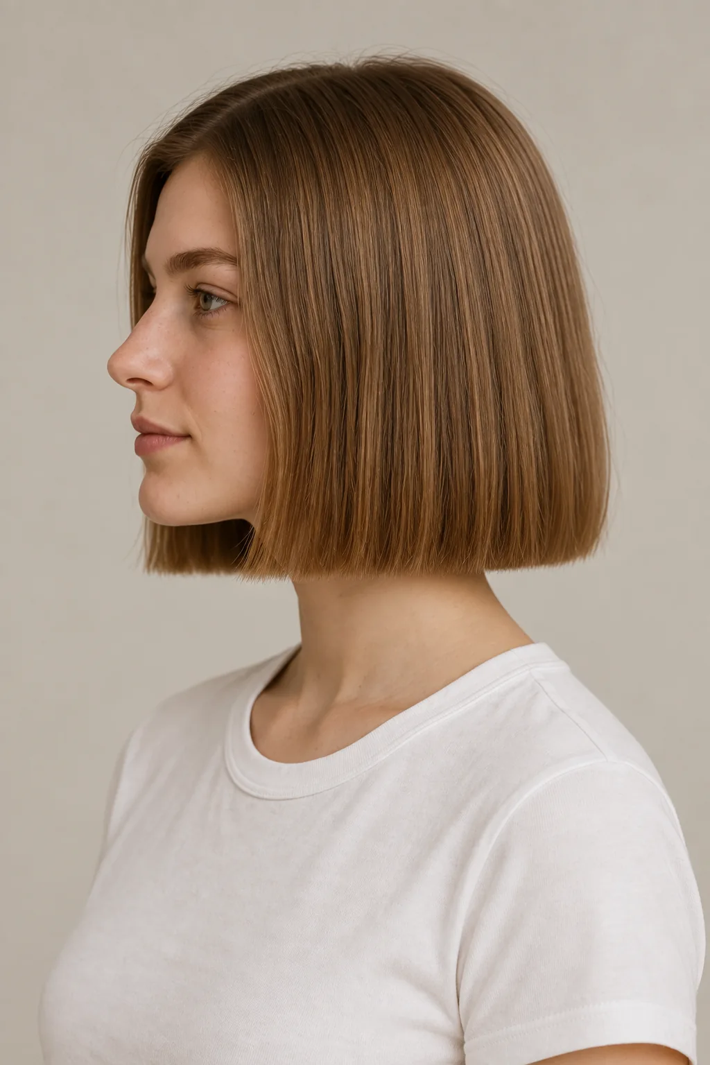 Left side view of a brown one-length box bob with a level blunt hem and visible neck below