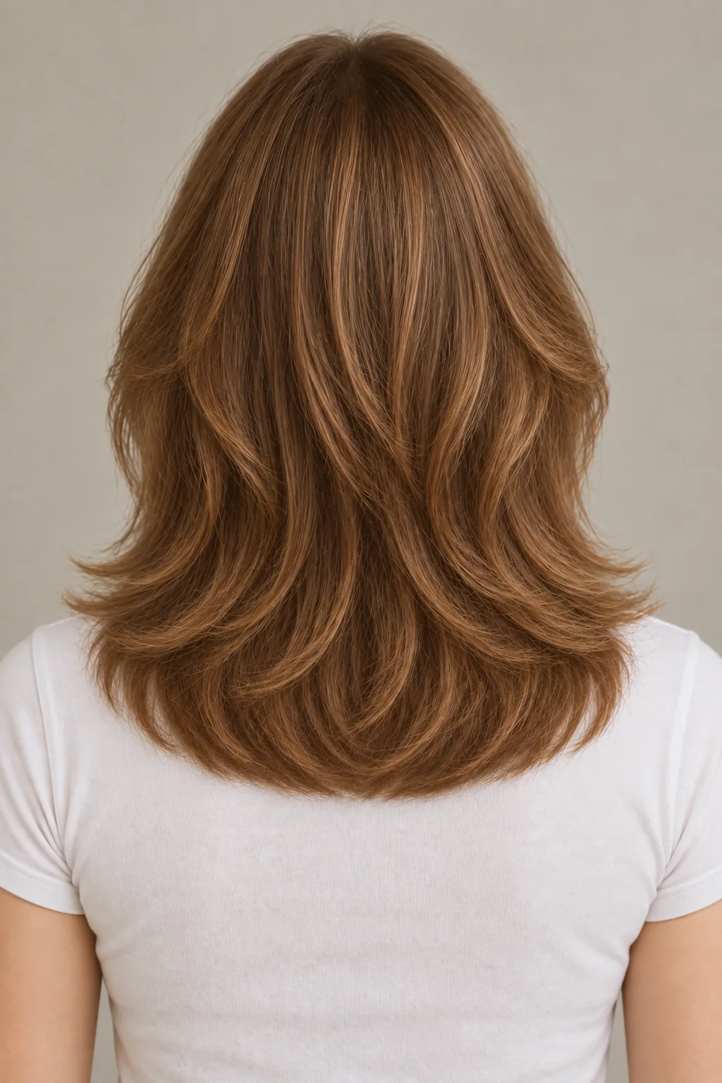 Back view of a brown medium-length butterfly cut with softly blended layers and a full shallow U-shaped lower outline