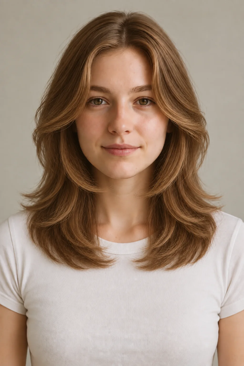 Front view of a brown medium-length butterfly cut with a center part, outward face-framing sweeps and a full below-collarbone base