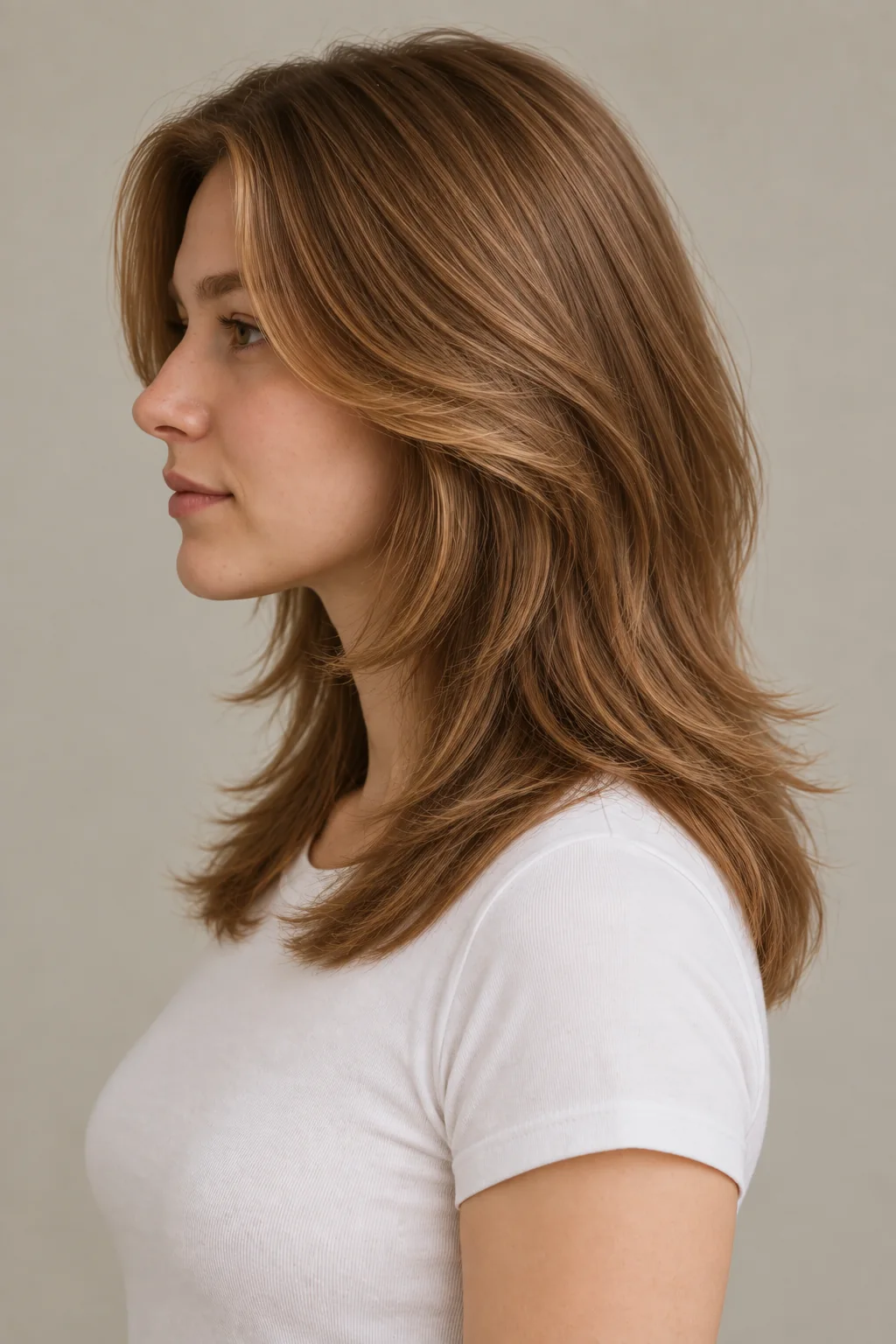 Left profile of a brown butterfly haircut with softly connected upper layers flowing over the shoulder into a longer full base