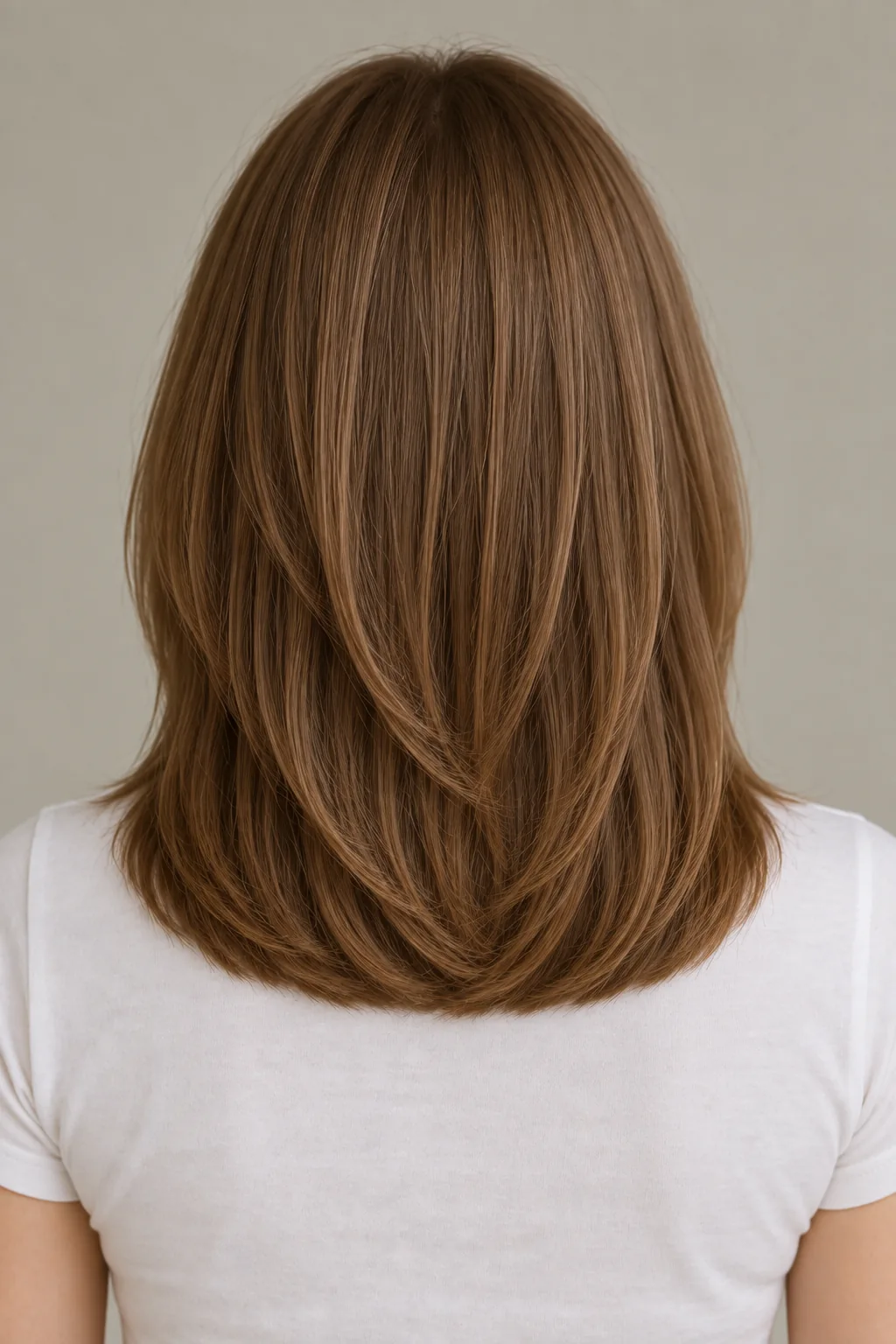 Back view of brown C-cut layers with low blended layering and a full softly rounded upper-back perimeter