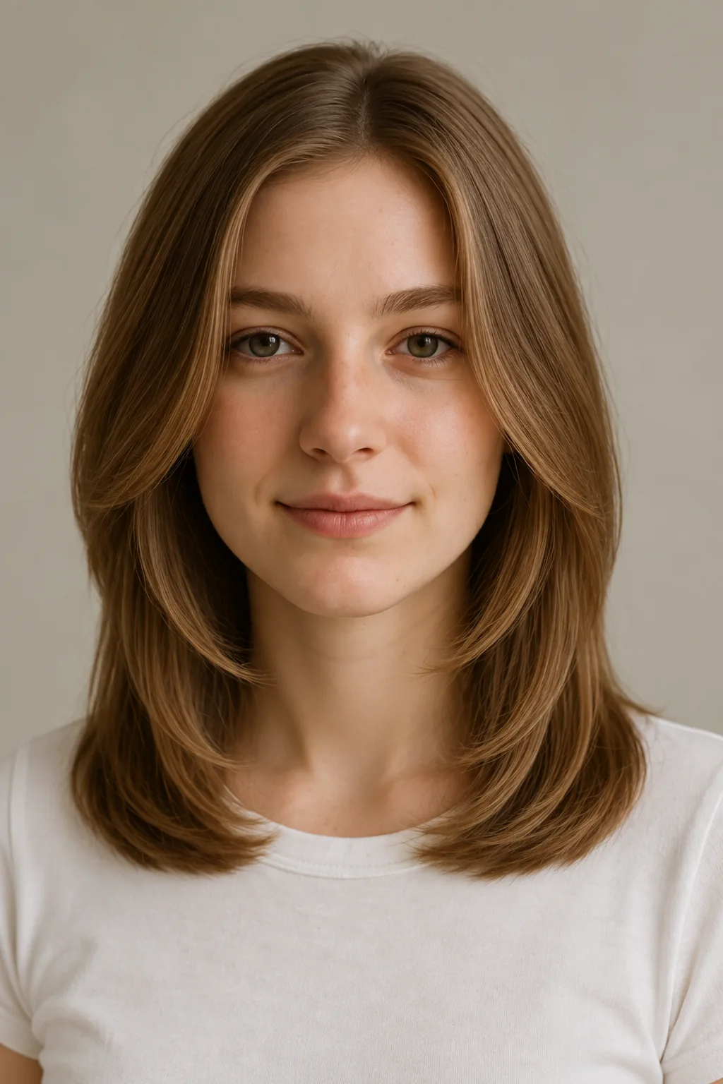 Front view of brown C-cut layers at the collarbones with a center part and long inward-curving face framing