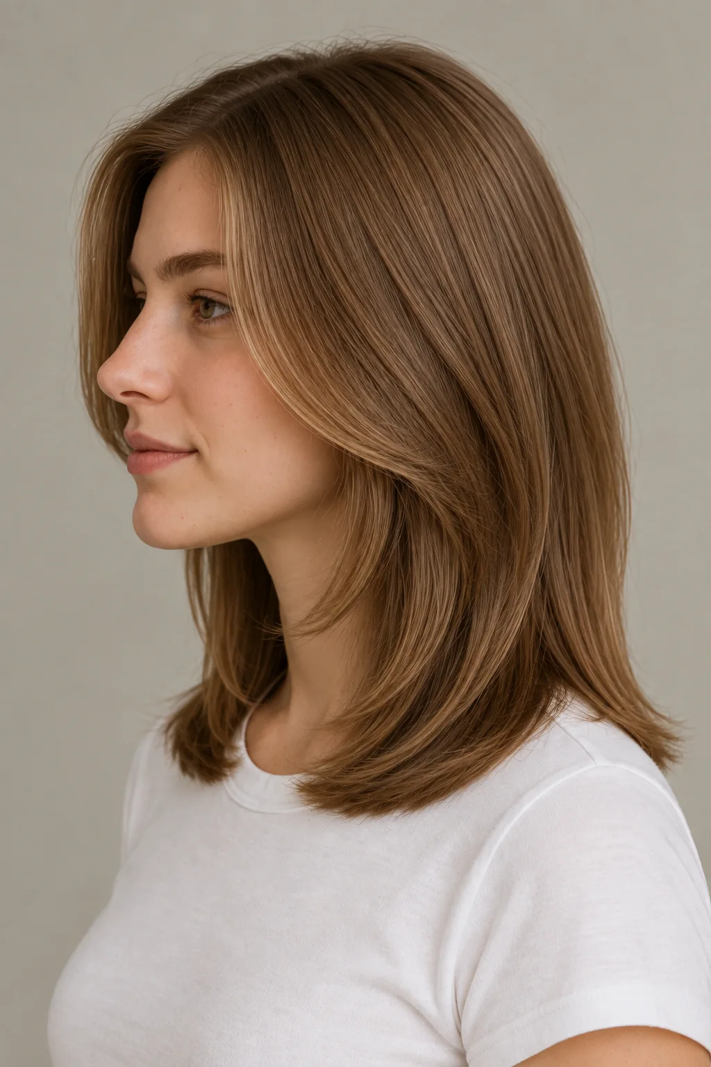 Left three-quarter side view of brown C-cut layers showing the long face frame blended into softly inward-bent collarbone ends