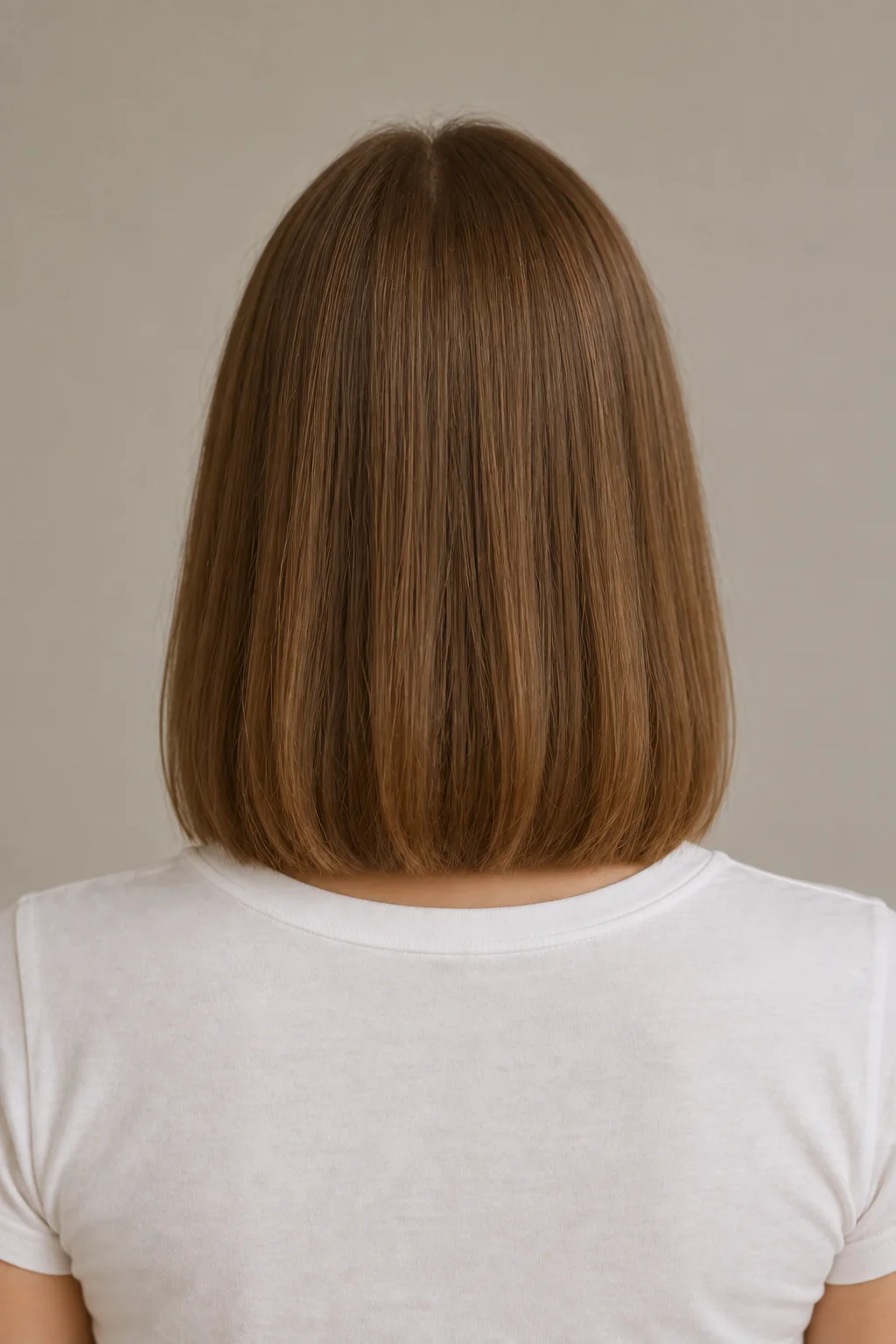 Back view of a brown clavicut showing a full nearly horizontal perimeter and smooth minimally layered lengths