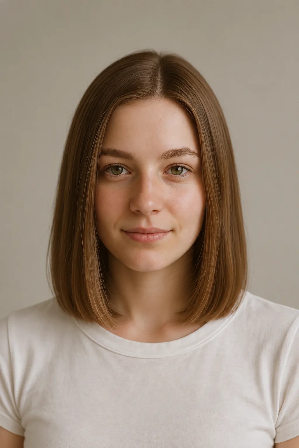Front view of a smooth brown center-parted clavicut with no bangs and a full collarbone-grazing edge