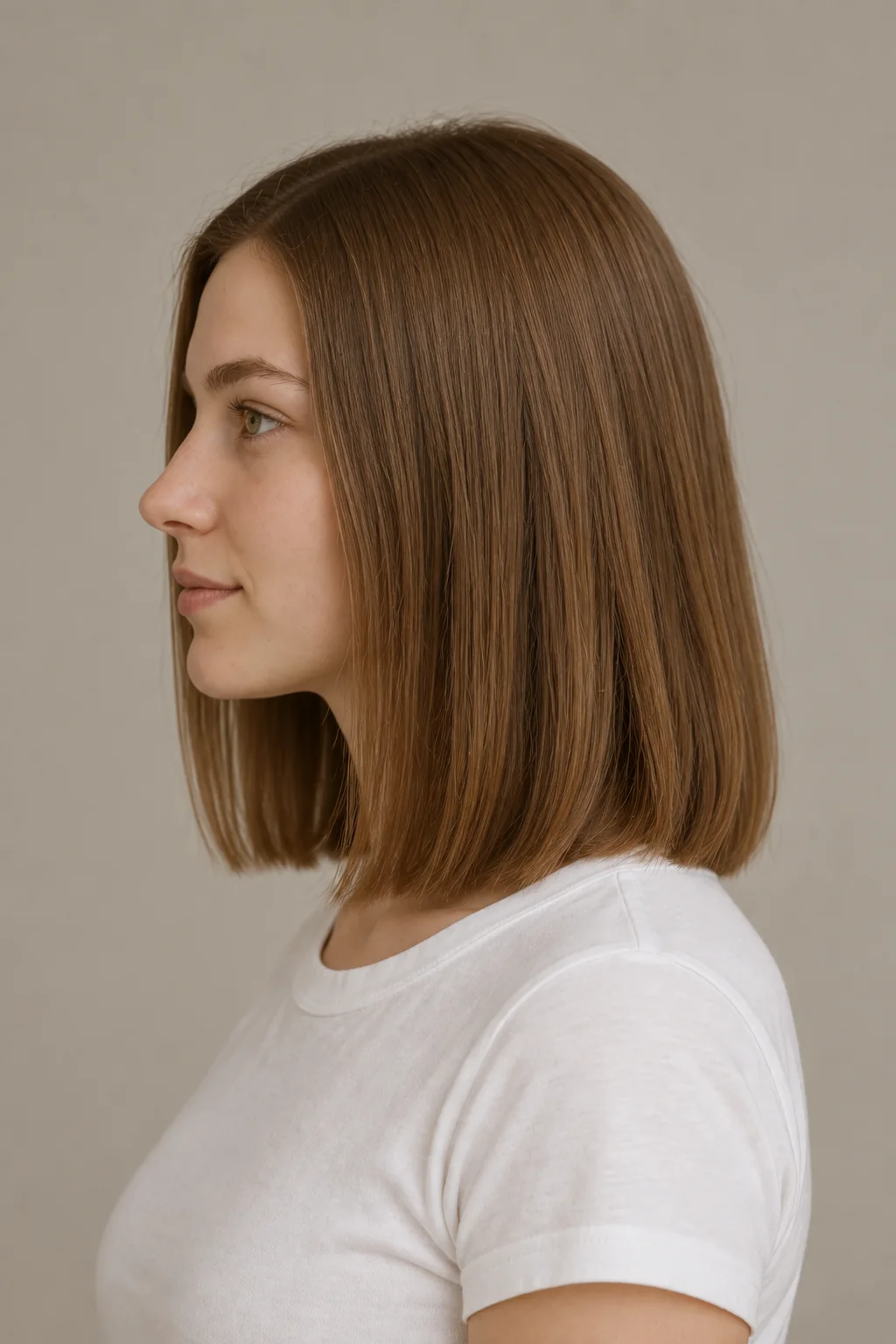 Left profile of a smooth brown clavicut with a substantial shoulder-level perimeter and subtly longer front