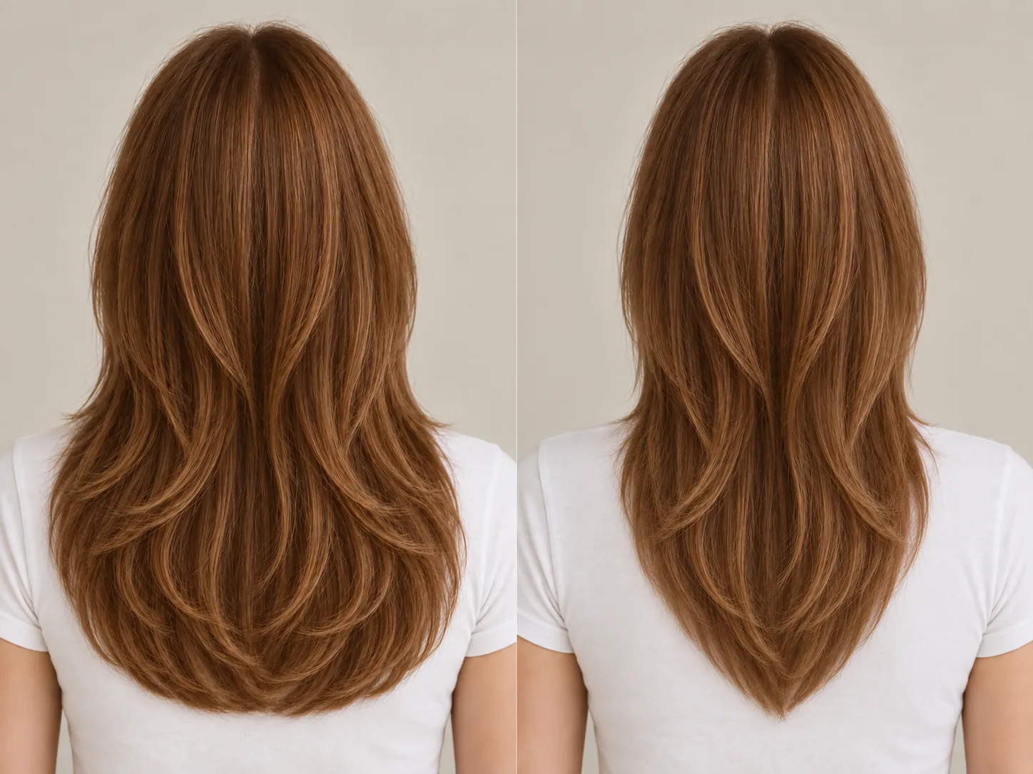 Two rear views of the same long layered hair: on the left the lower-chest perimeter stays full and rounded; on the right the sides thin into a V shape.