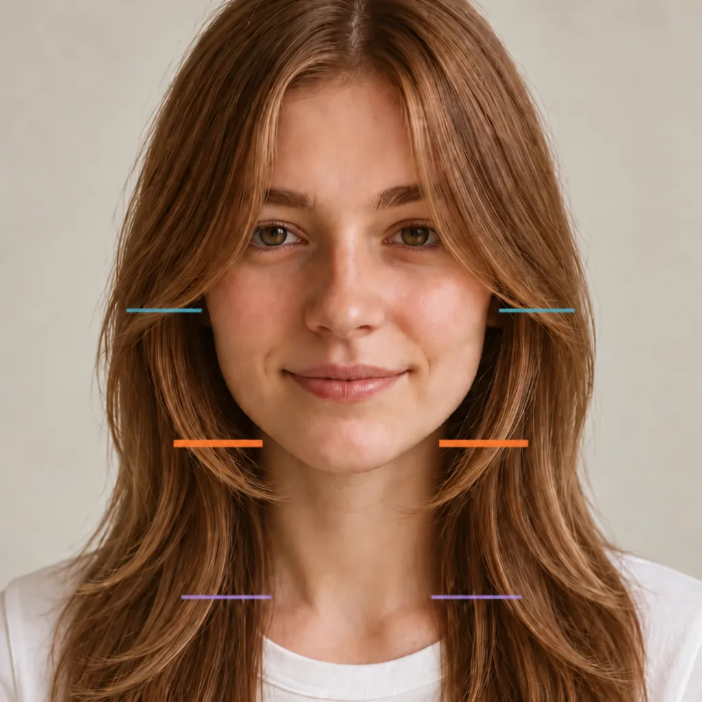Front view of long face-framing layers with thin colored guide lines at cheekbone, chin and collarbone height; the shortest piece in this reference lands at the chin line.