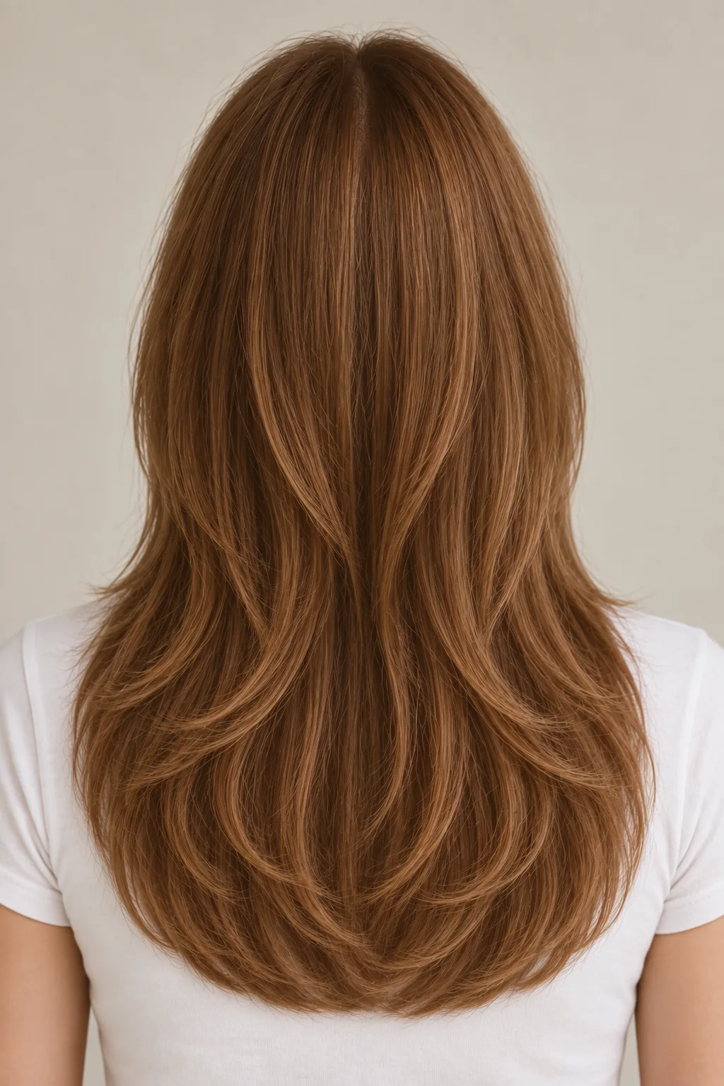 Rear view of long warm-brown layered hair with a full rounded lower-chest perimeter