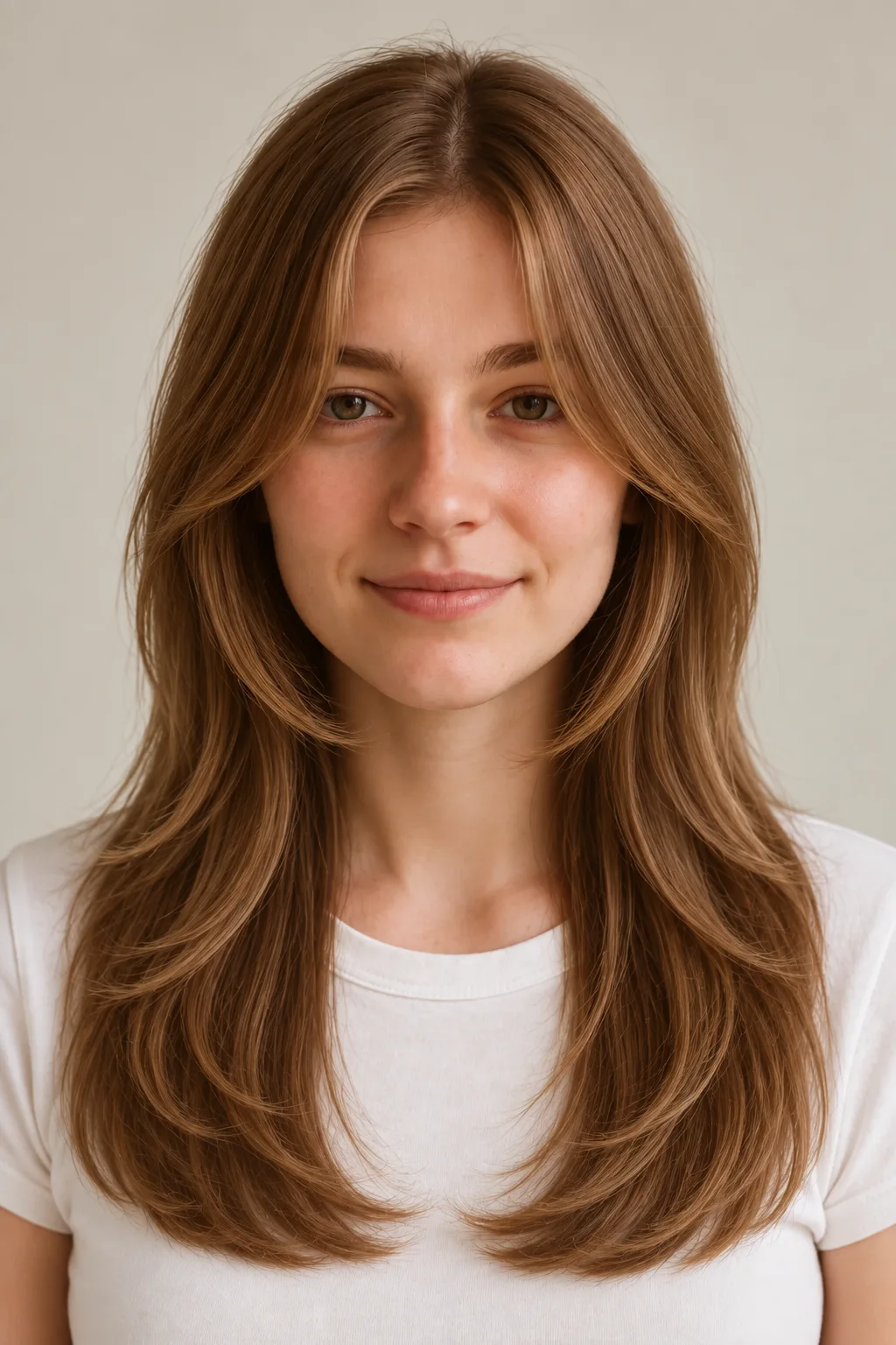 Front view of long warm-brown face-framing layers beginning at the chin with a center part and full lower-chest ends