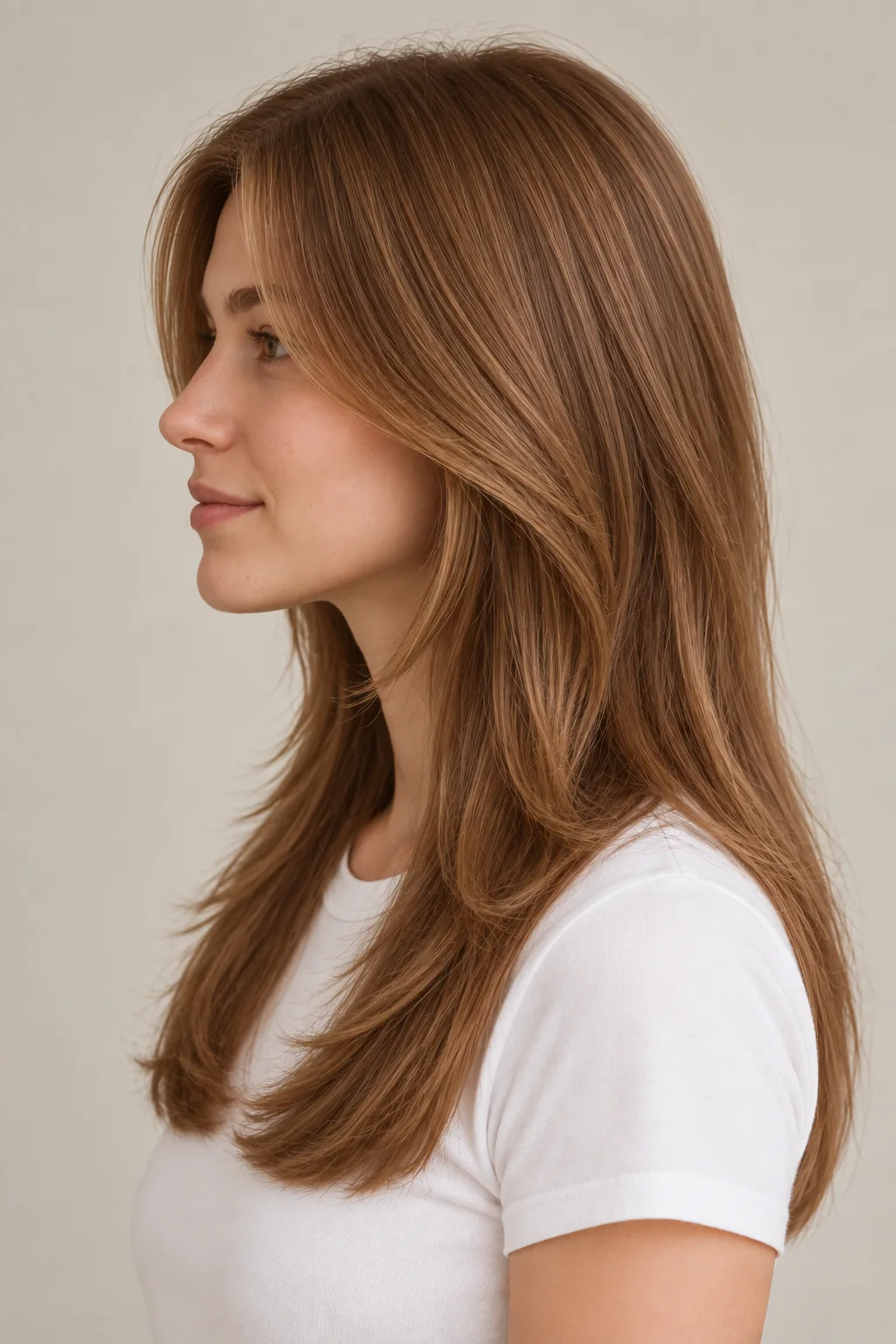 Left profile of long warm-brown face-framing layers connecting from the chin through the collarbone