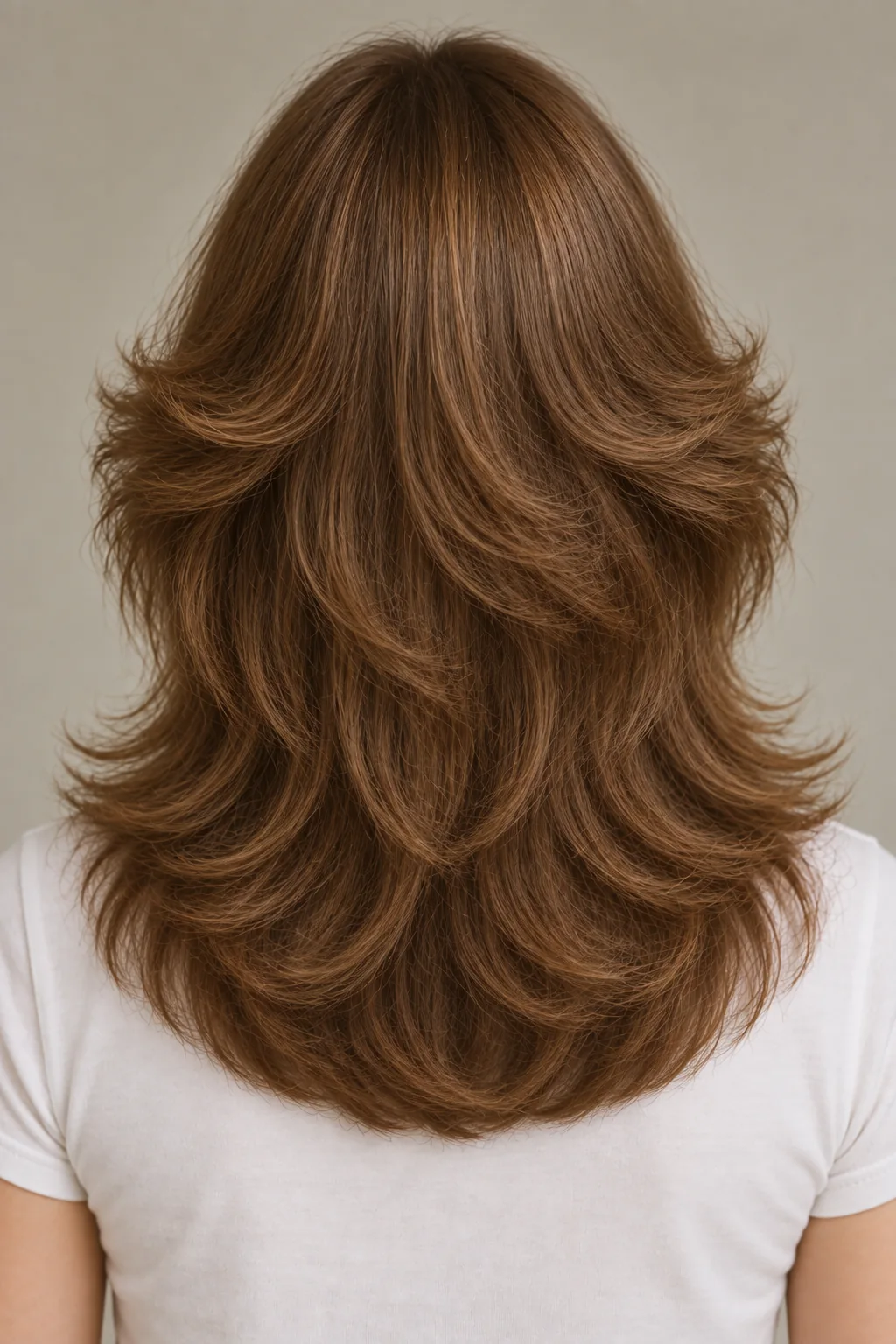 Back view of a brown Farrah-inspired layered blowout with outward feathering and a full rounded upper-back outline