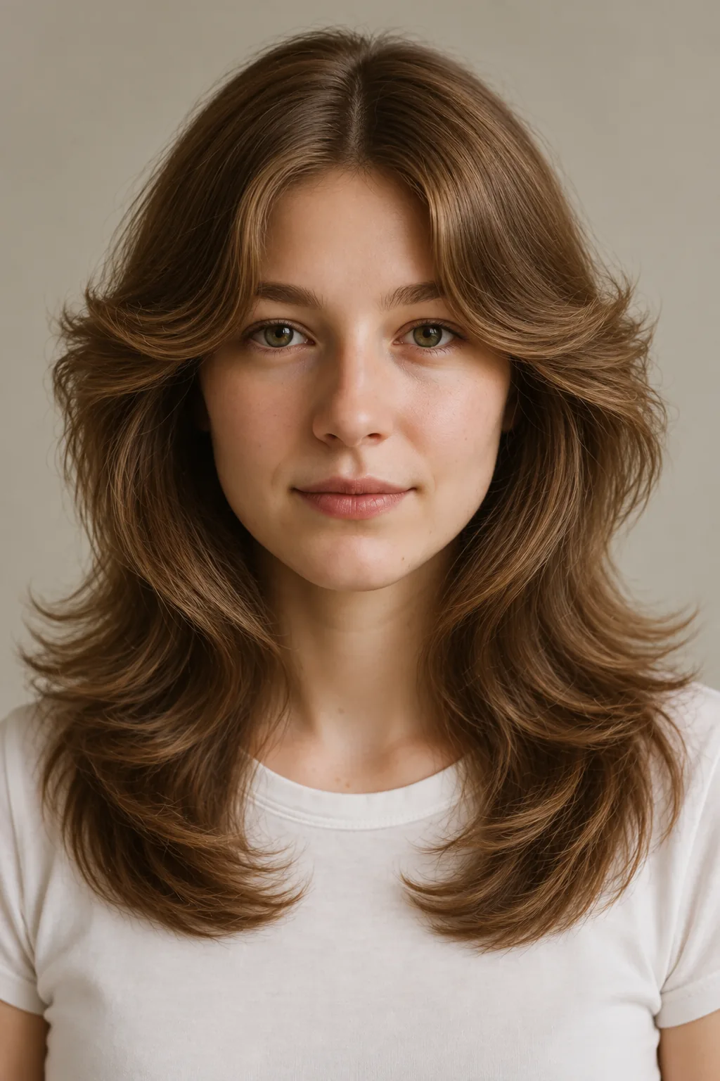 Front view of a brown Farrah-inspired feathered haircut with a center part and large outward face-framing curves above a full past-shoulder base