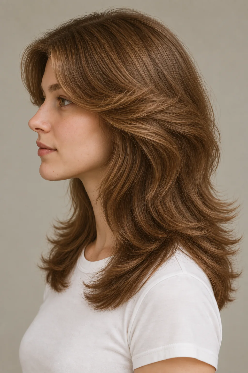 Left profile of a brown feathered blowout showing long face-framing layers flowing into broad outward flips past the shoulder