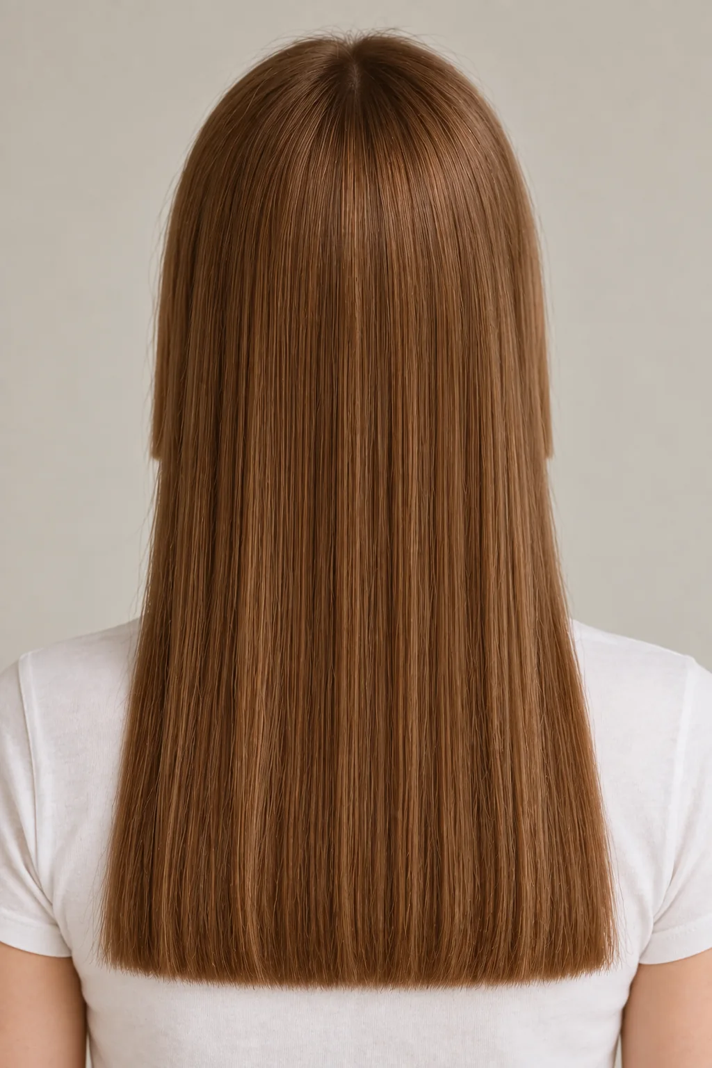 Rear view of a sleek warm-brown long hime cut with a full straight lower-chest-length blunt perimeter