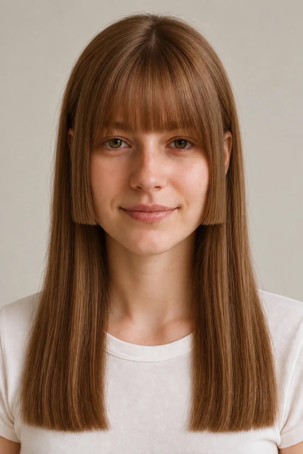 Front view of a warm-brown long hime cut with straight bangs, blunt jaw-length sidelocks and a lower-chest-length back