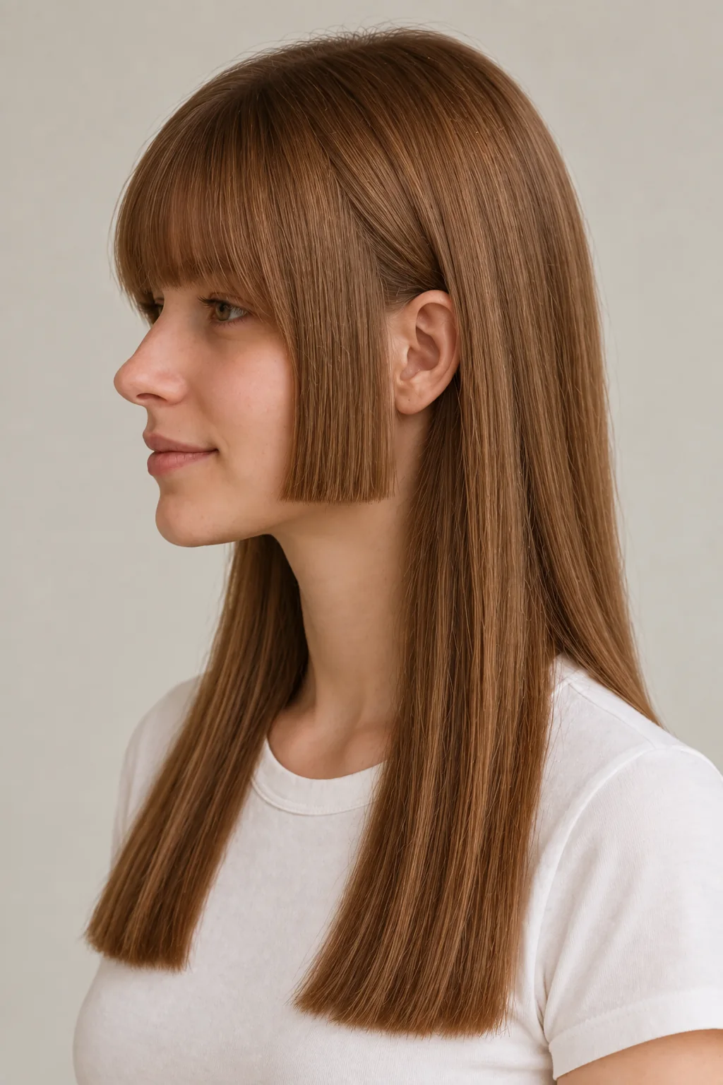 Left profile of a warm-brown long hime cut showing a blunt jaw-length sidelock in front of the ear and long straight hair behind