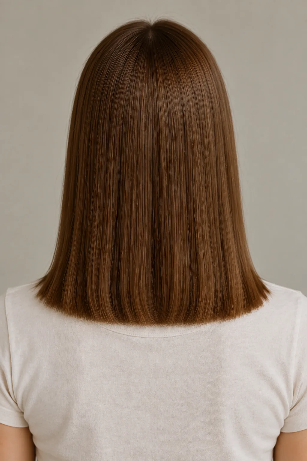 Back view of a straight brown shoulder-length hime cut with a full blunt perimeter