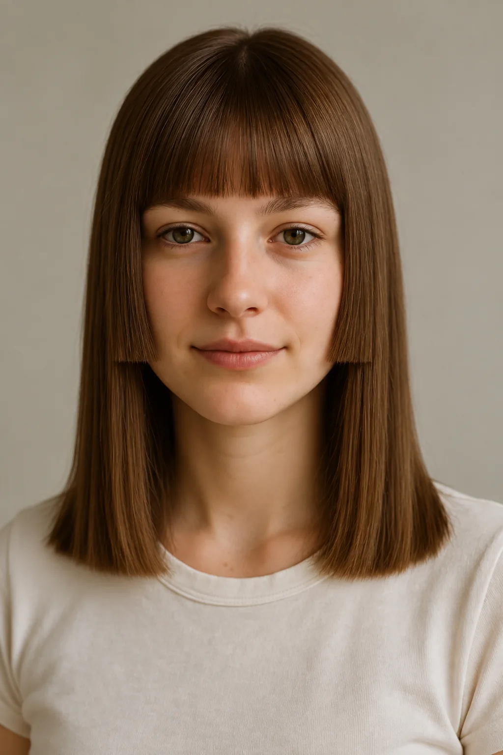 Front view of a shoulder-length brown hime cut with straight bangs and blunt mouth-height cheek panels