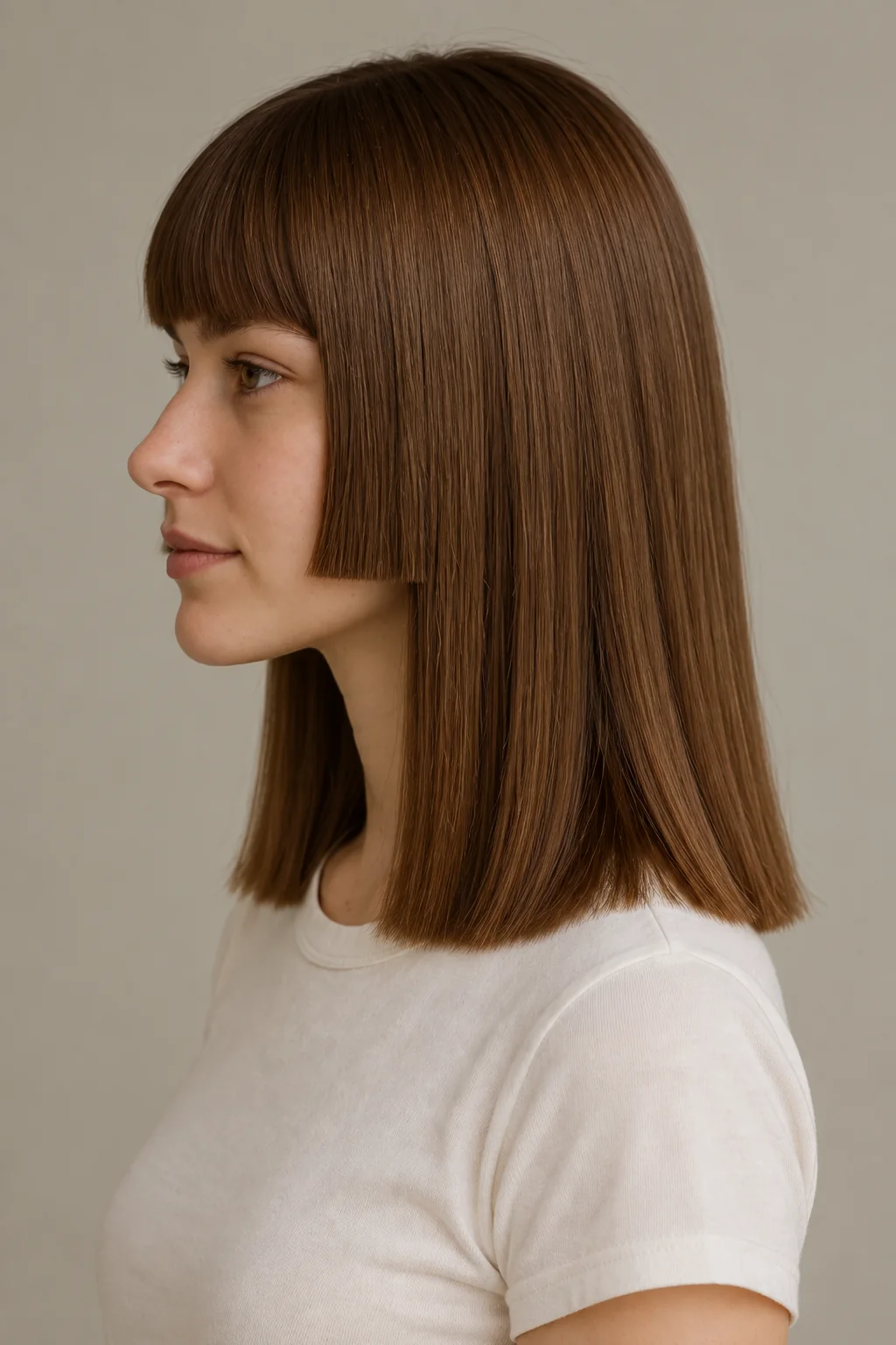 Side view of a brown shoulder-length hime cut showing a short blunt cheek panel in front of the ear