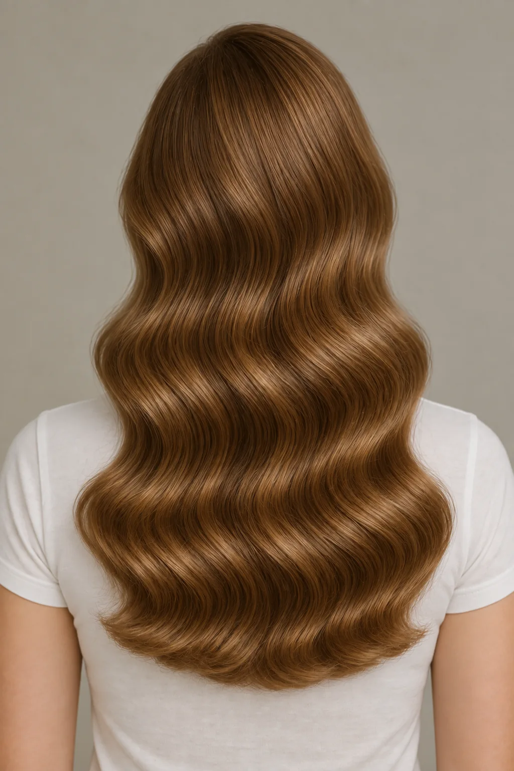 Rear view of long brown Hollywood waves arranged in broad aligned glossy S-shaped bands with softly curved ends