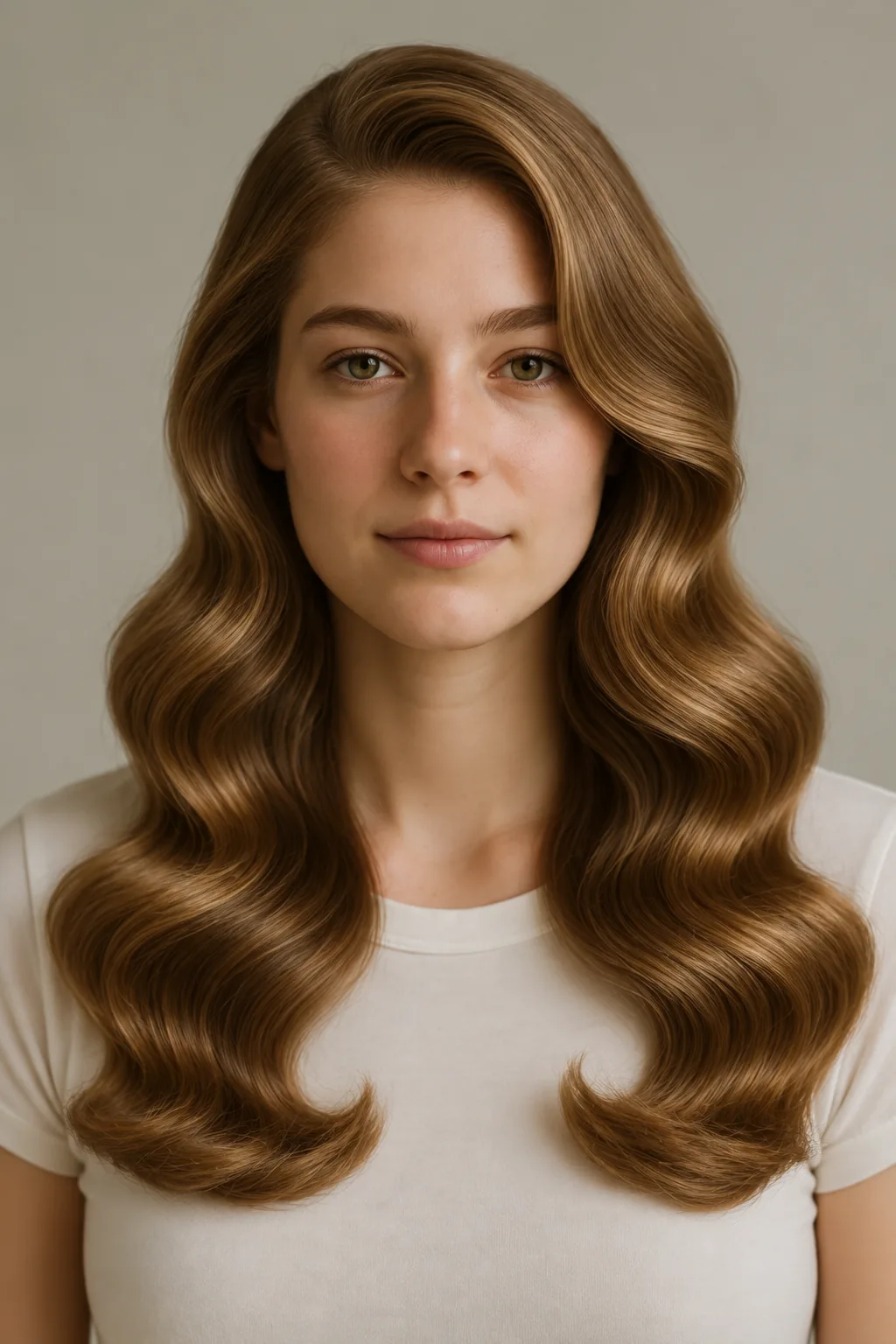 Front view of chest-length brown Hollywood waves with a side part, fuller left-side sweep and glossy continuous S waves