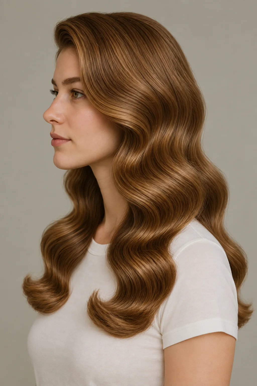 Left profile of brown Hollywood waves with a swept front and smooth aligned wave ridges through the lengths
