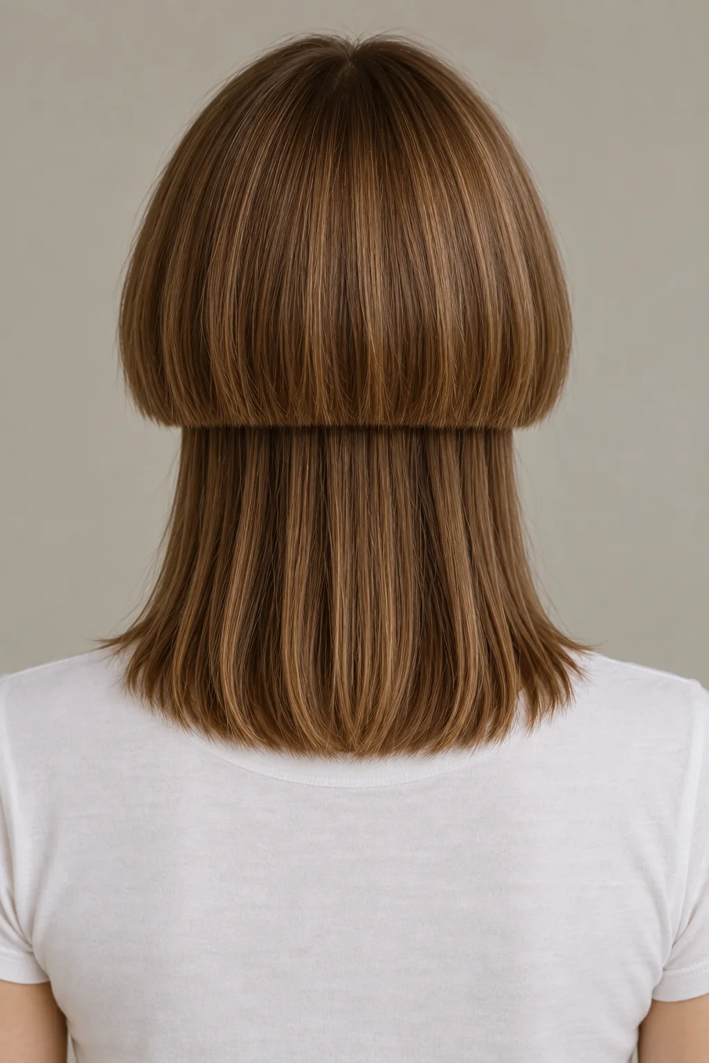 Back view of a medium-length brown jellyfish haircut with a blunt rounded upper tier and separate shoulder-to-collarbone lower tier
