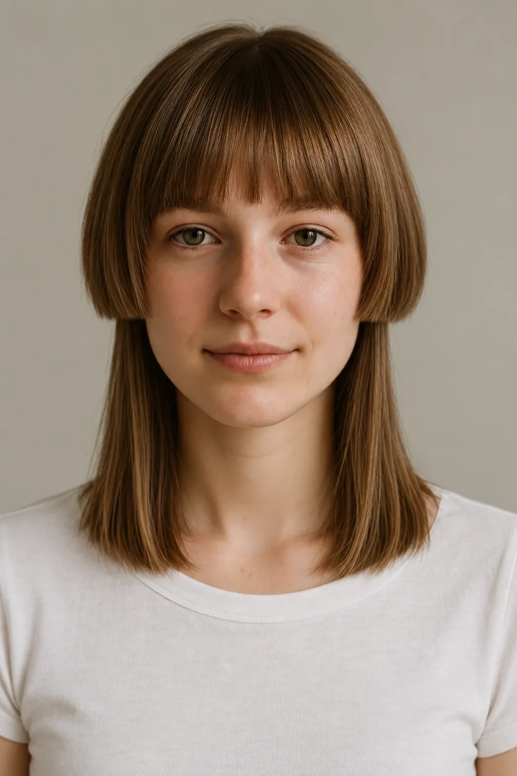 Front view of a medium-length brown jellyfish haircut with blunt bangs, a rounded short cap and collarbone-length lower strands