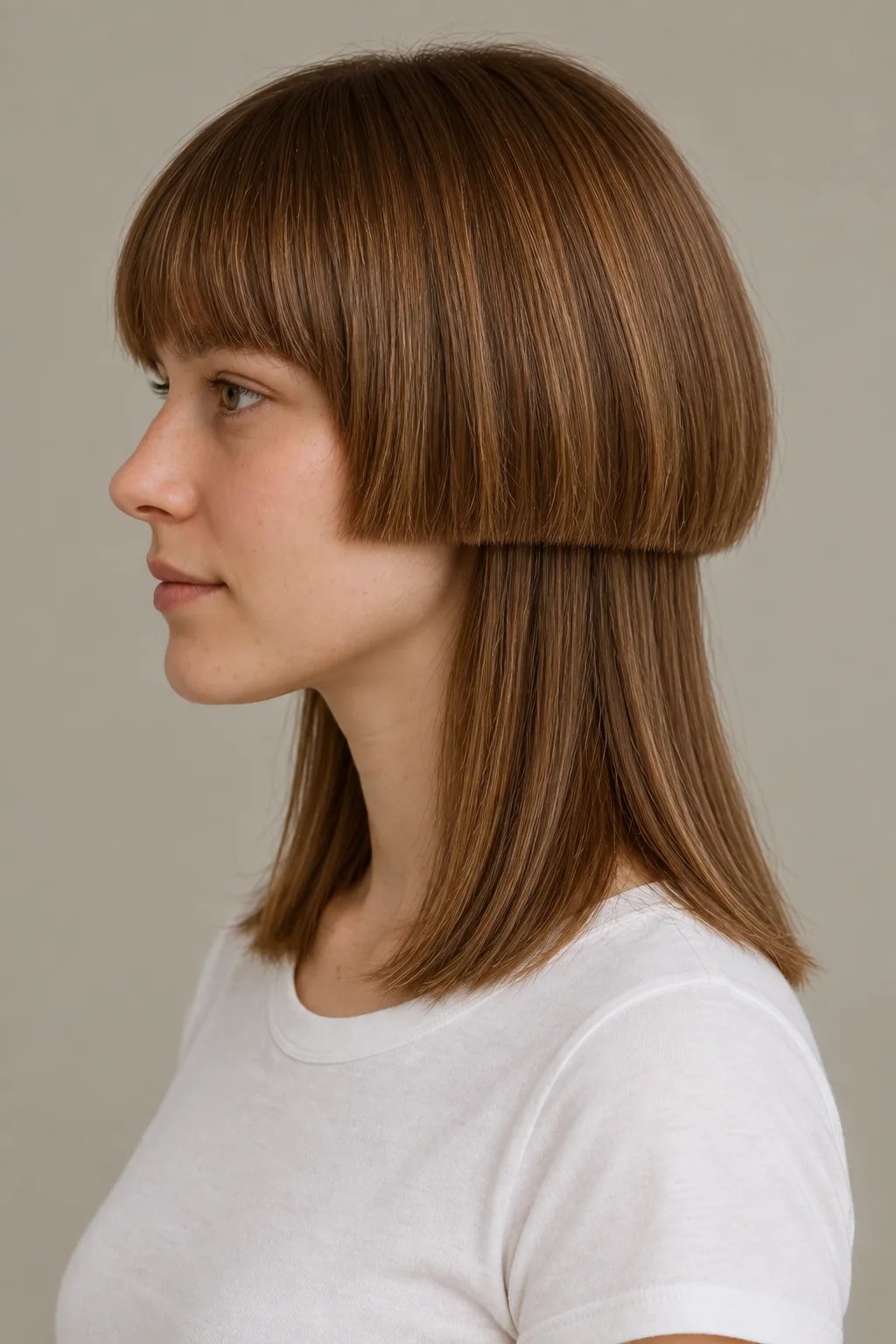 Side view of a brown jellyfish haircut showing the short rounded cap continuing around the head above a disconnected long underlayer