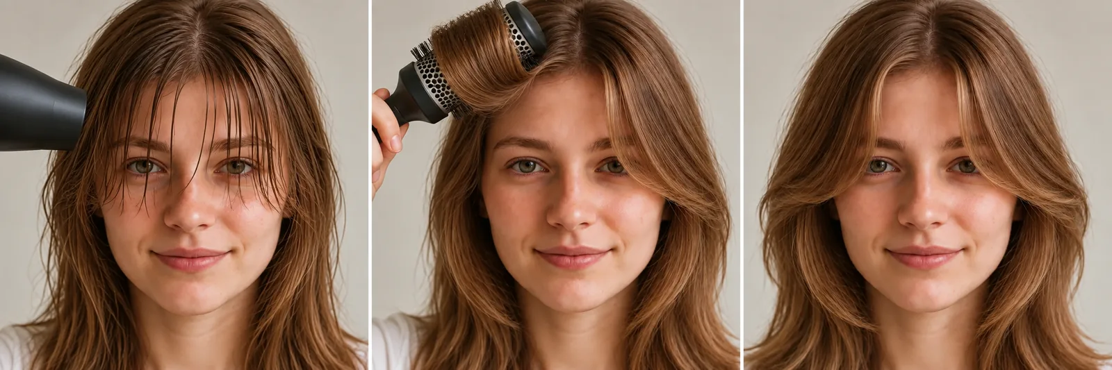 Three-step sequence on the same model: curtain bangs dried forward over the forehead, rolled up and outward on a round brush, then split at the center part into two soft curves.