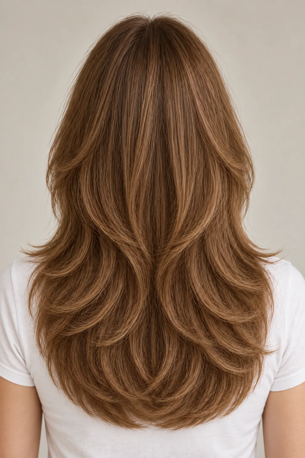 Rear view of warm-brown connected long curtain layers with broad polished curves and a full perimeter