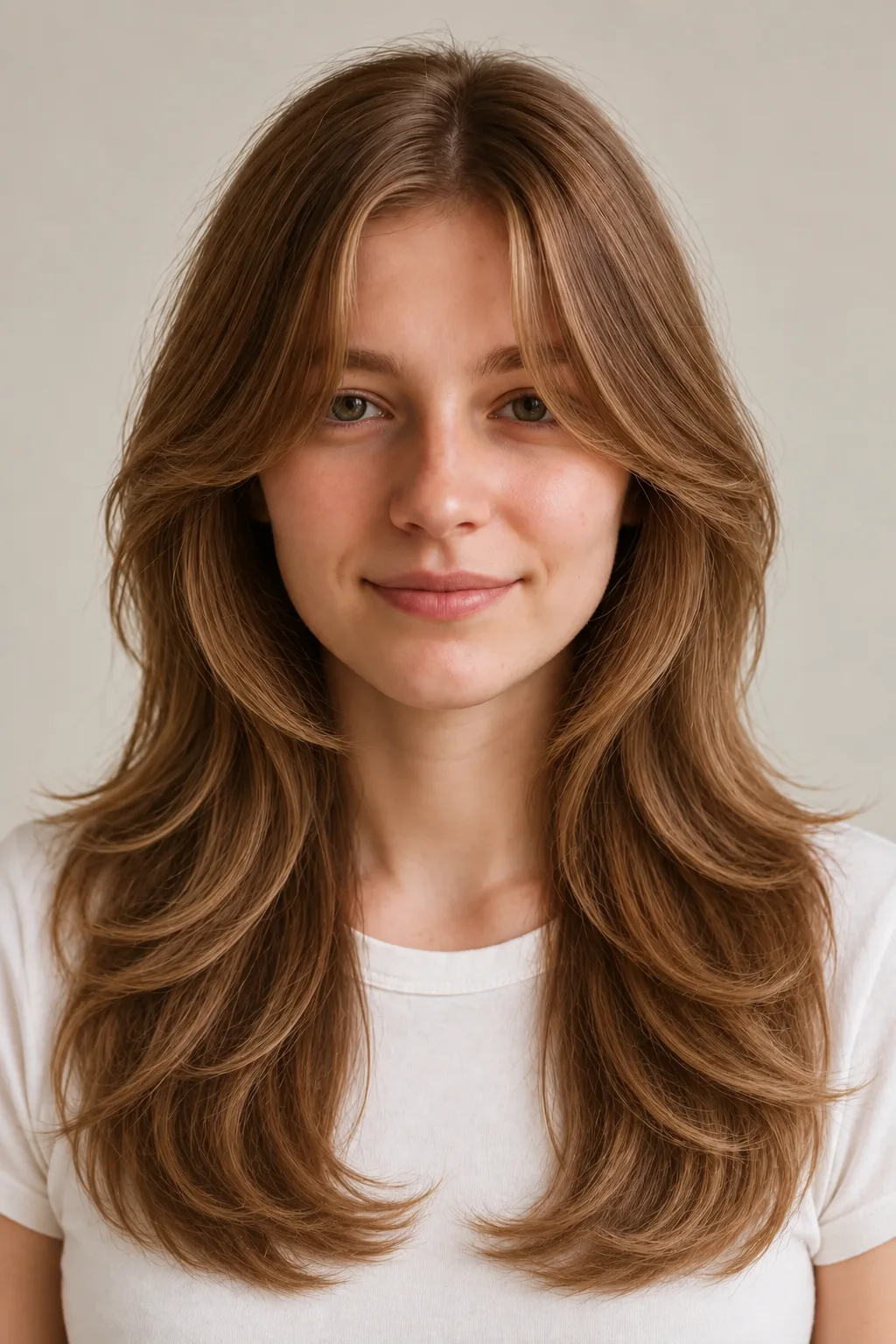 Front view of warm-brown long layers with center-parted cheekbone curtain bangs and a full lower-chest blowout