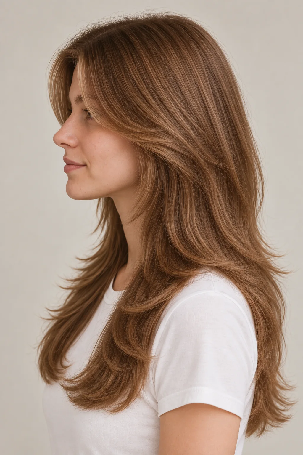 Left profile of warm-brown curtain bangs sweeping into connected jaw and collarbone layers