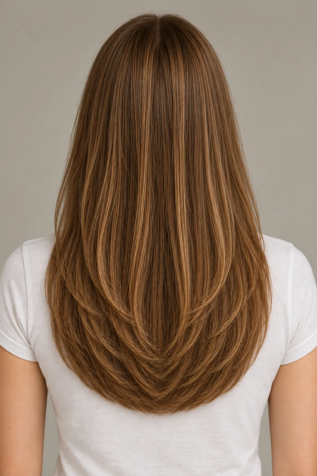 Back view of long brown hair with a broad rounded U-shaped perimeter, longer center and gradually shorter sides