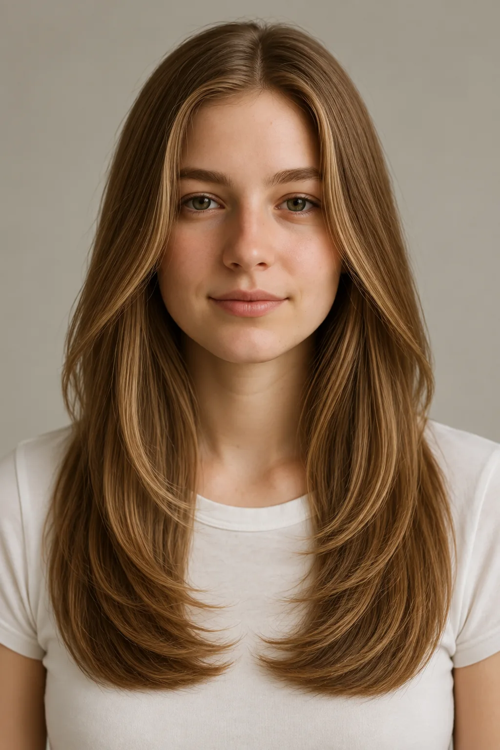 Front view of long brown U-shaped layered hair with a center part and long collarbone face framing