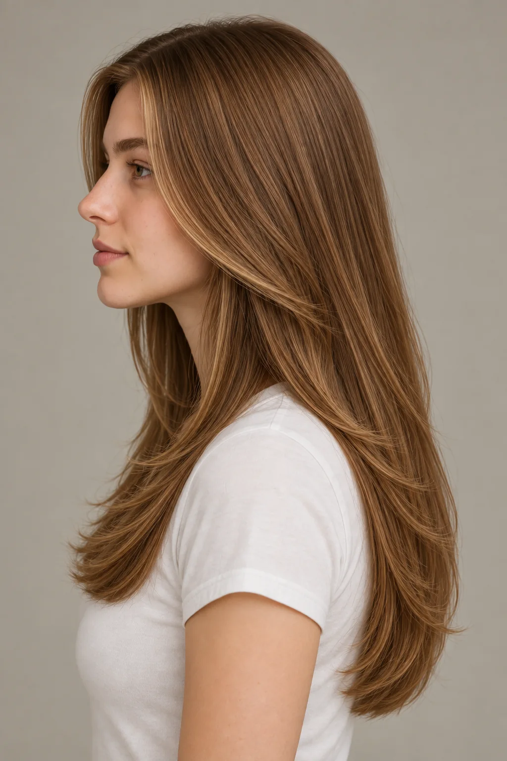 Left profile of a long brown U-shaped haircut with long blended lower layers and gently bent ends