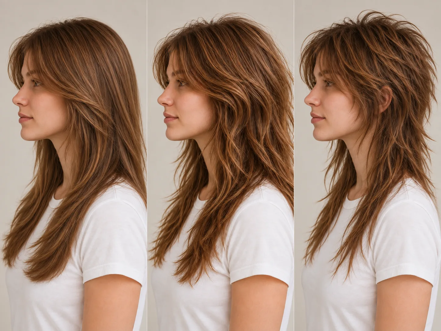 Three left-profile views of the same woman: smooth long layers, a long shag with a lifted crown and full ends, and a wolf cut with a short choppy crown and thinner lengths.