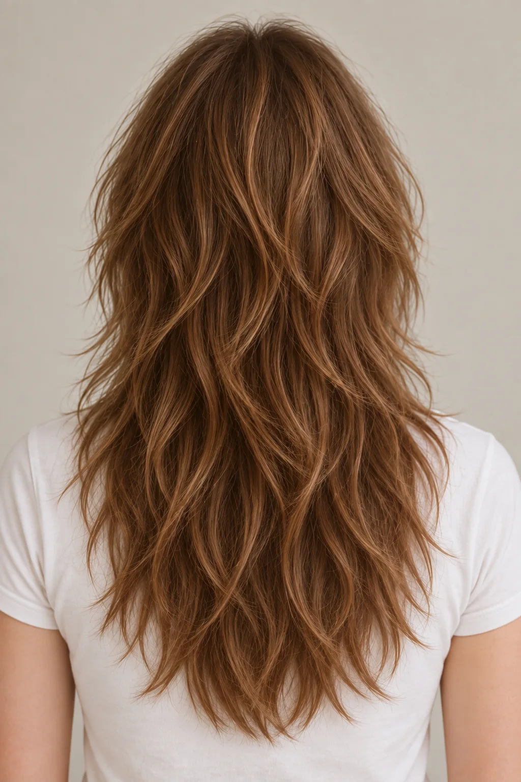 Rear view of a warm-brown long shag with distributed tousled layers and a full lower-chest perimeter
