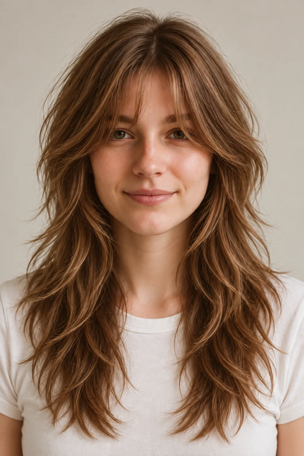 Front view of a warm-brown long shag with wispy split fringe, lifted crown and cheekbone face-framing layers
