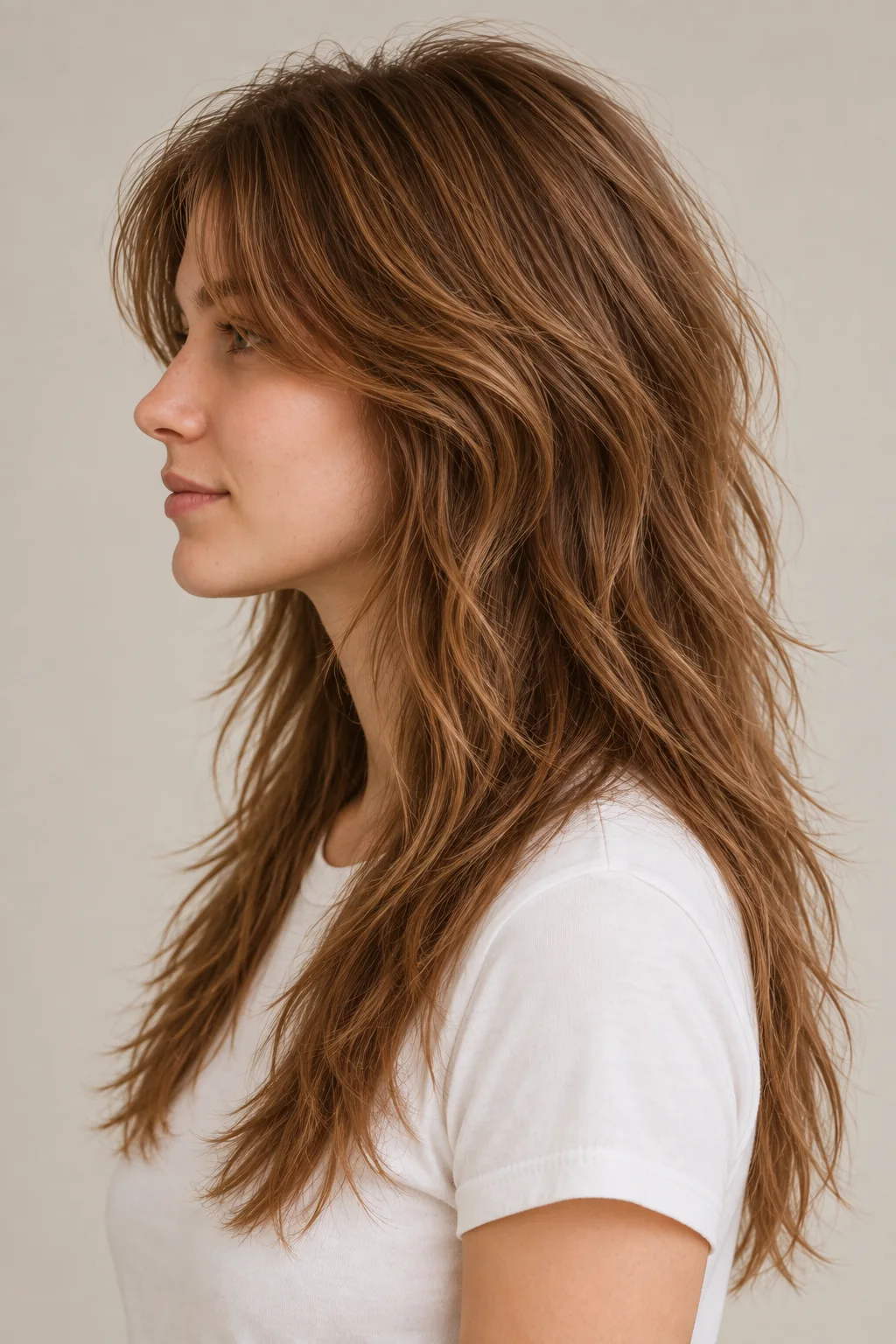 Left profile of a warm-brown long shag showing short crown lift and airy layers through lower-chest ends