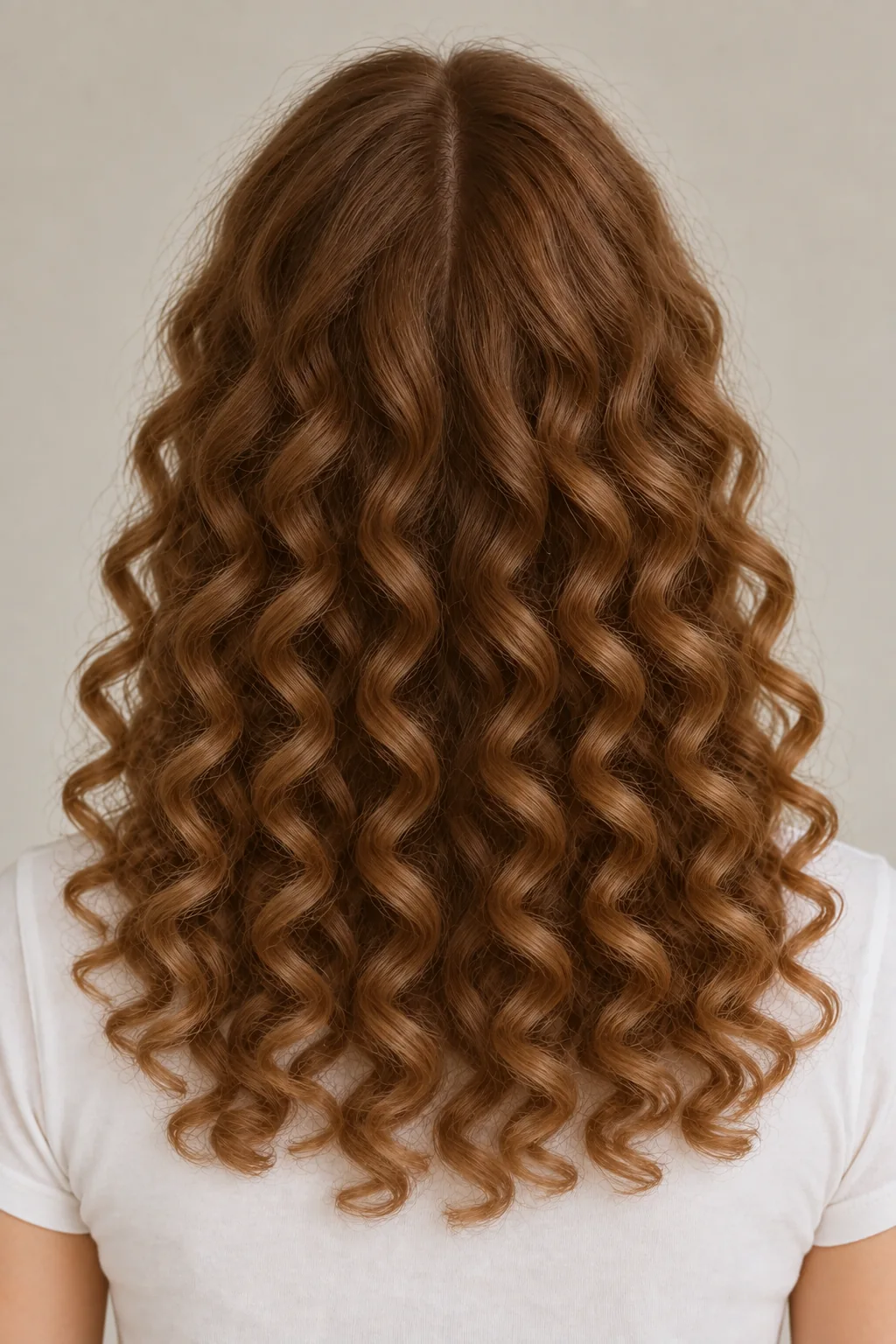 Rear view of long warm-brown spiral curls with a center part and consistent medium corkscrew ringlets through the ends