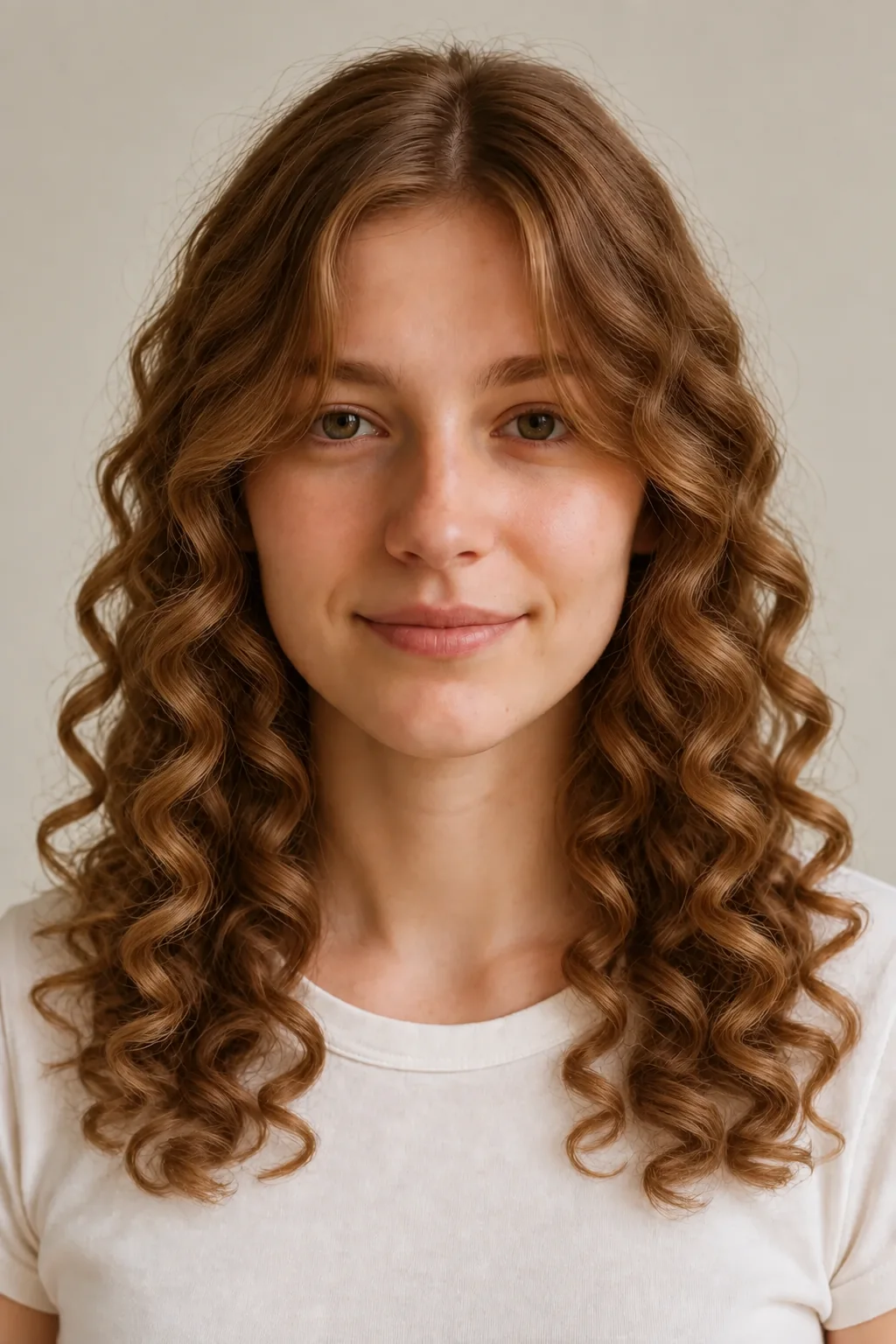 Front view of long warm-brown spiral curls with a center part, medium corkscrew ringlets and controlled volume